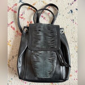 Black Leather Women's Backpack with Textured Front Panel
